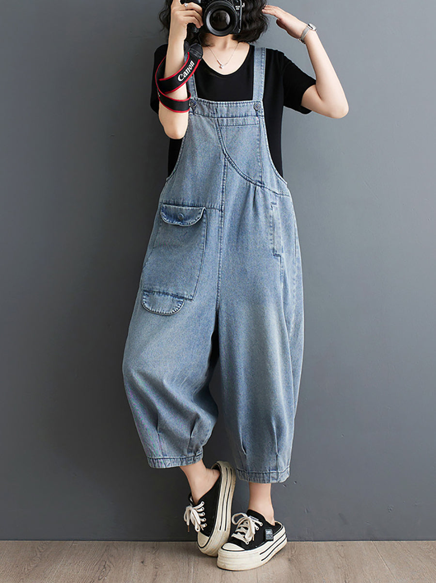 Plus Size Women Summer Solid Casual Loose Denim Jumpsuits