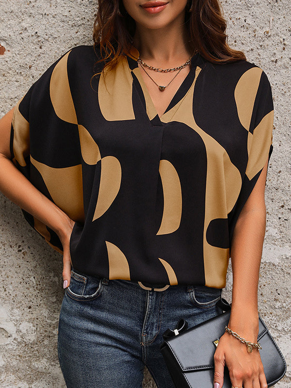Batwing Sleeves Loose Printed Split-Joint V-Neck Blouses&Shirts Tops
