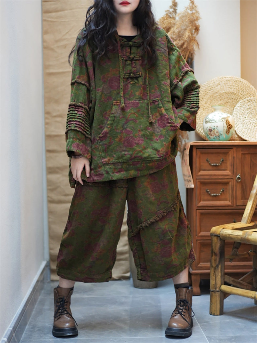 Women Spring Vintage Flower Loose Hooded Suits