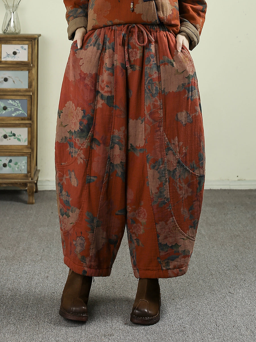 Women Winter Vintage Flower Padded Harem Pants