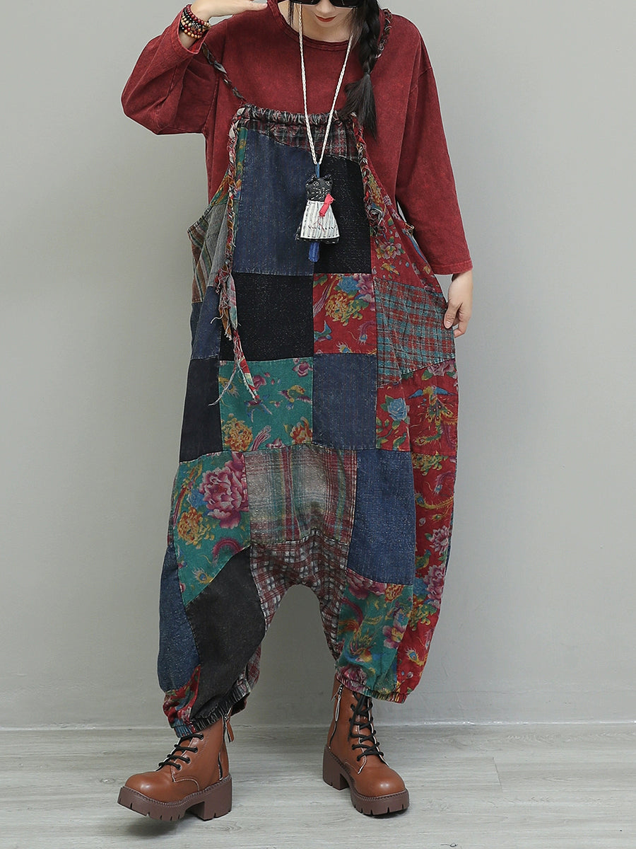 Women Vintage Patchwork Cotton Loose Jumpsuits