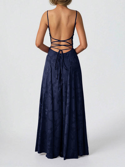 A-Line High Waisted Jacquard Pleated Solid Color Spaghetti-Neck Maxi Dresses