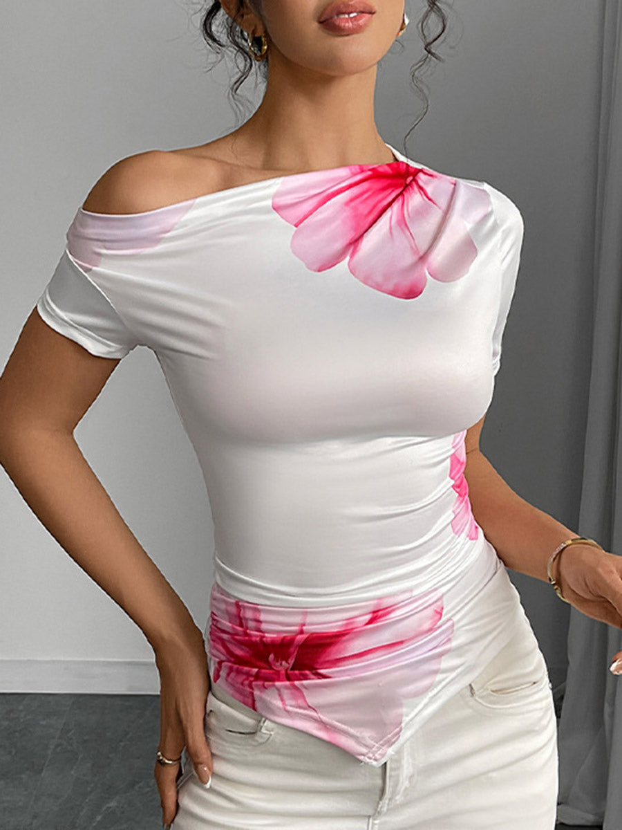 Irregularity Short Sleeves Contrast Color Flower Print Split-Joint One-Shoulder Blouses&Shirts Tops