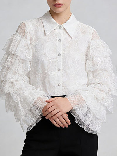Long Sleeves Ruffle Sleeves Buttoned Solid Color Split-Joint Lapel Blouses&Shirts Tops