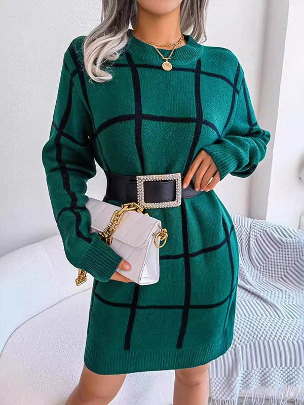 Elasticated Waist Long Sleeves Belted Contrast Color Plaid Round-Neck Mini Dresses Sweater Dresses