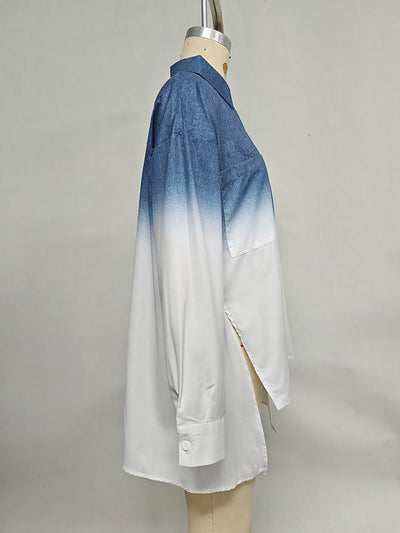 High-Low Loose Gradient Printed Split-Joint Split-Side Lapel Blouses&Shirts Tops