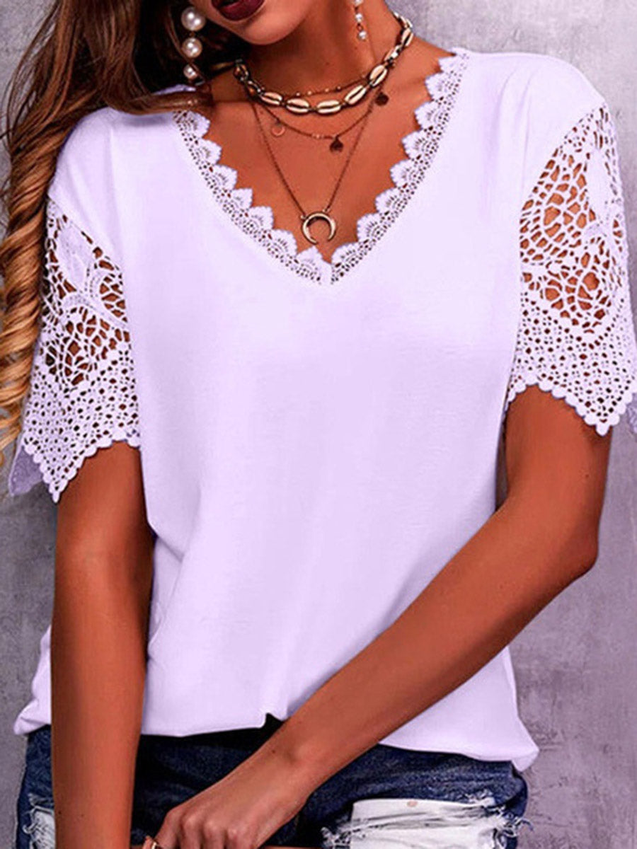 Loose Plus Size Hollow Solid Color Split-Joint V-Neck T-Shirts Tops