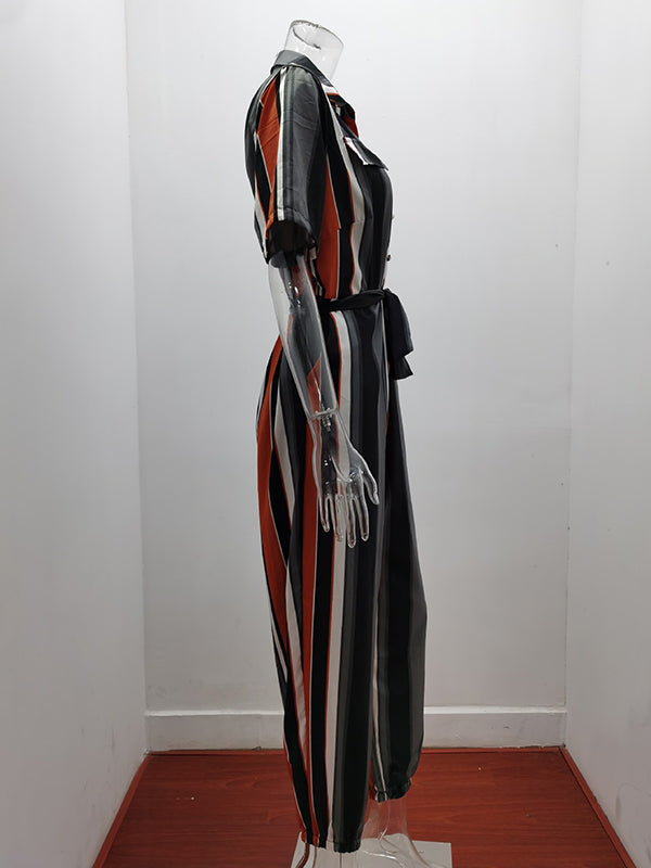 Loose Plus Size Split-Joint Striped Tied Waist Lapel Jumpsuits