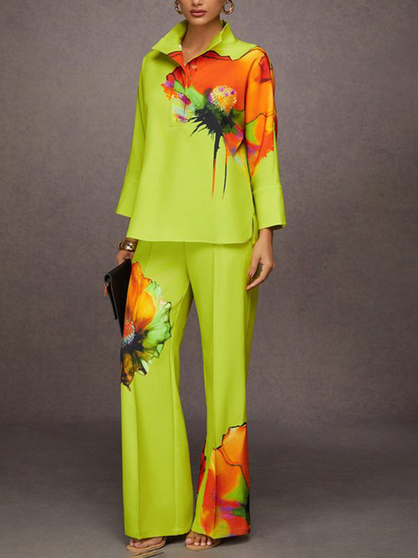 Loose Wide Leg Elasticity Flower Print Pleated Pants Trousers