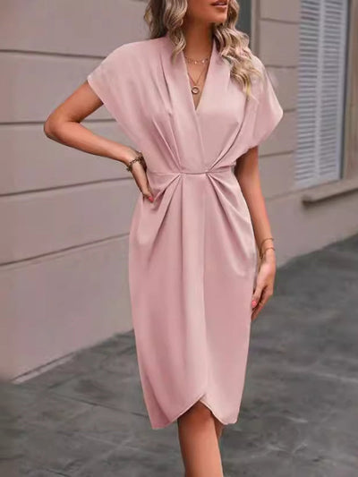 High-Low Loose Knot Pleated Solid Color Split-Front V-Neck Midi Dresses