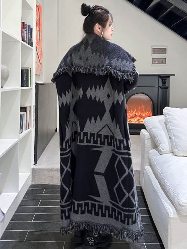 Long Sleeves Loose Contrast Color Geometric Split-Joint Tasseled Lapel Outerwear Overcoat