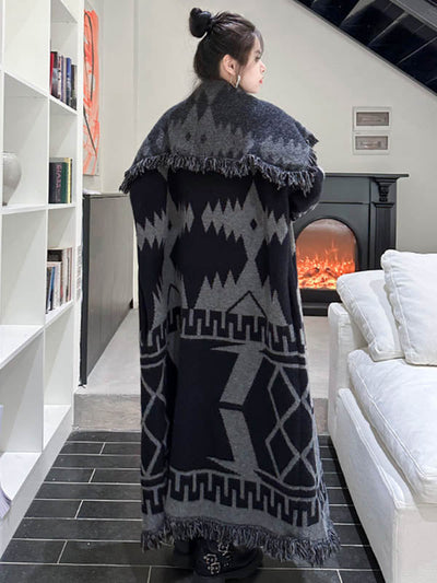 Long Sleeves Loose Contrast Color Geometric Split-Joint Tasseled Lapel Outerwear Overcoat