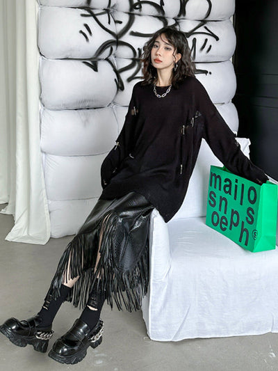 A-Line Irregularity Asymmetric Buttoned Crocodile Texture Solid Color Tasseled Skirts Bottoms