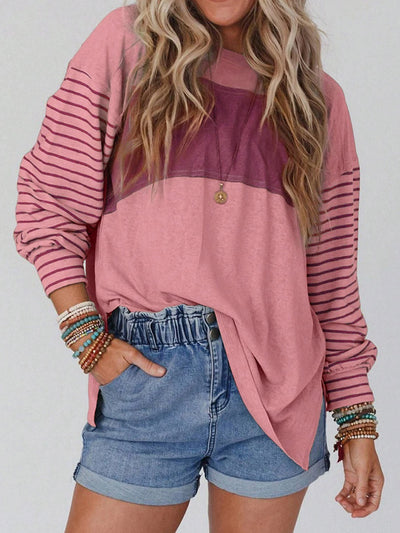 Long Sleeves Loose Contrast Color Split-Joint Striped Round-Neck Blouses&Shirts Tops