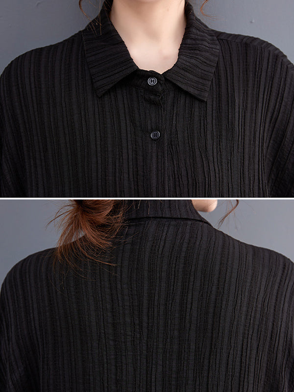 Long Sleeves Loose Pleated Solid Color Lapel Blouses&Shirts Tops