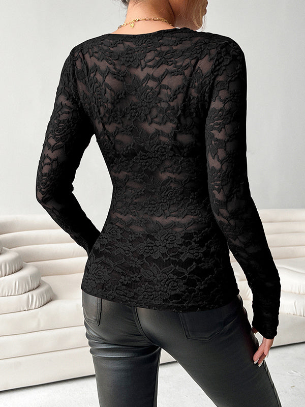 Long Sleeves Skinny See-Through Solid Color Deep V-Neck T-Shirts