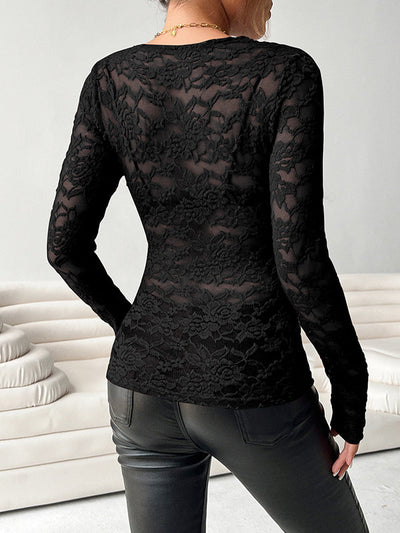 Long Sleeves Skinny See-Through Solid Color Deep V-Neck T-Shirts