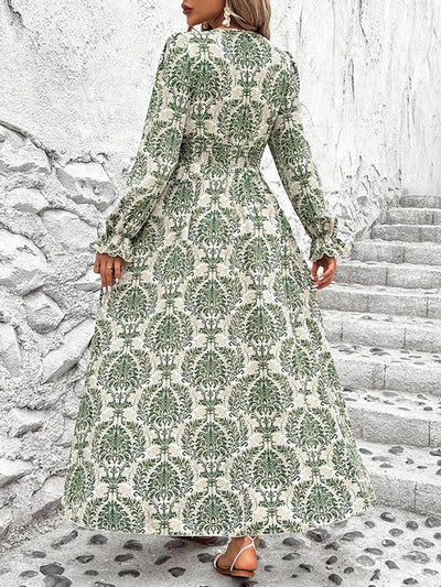 Loose Puff Sleeves Elasticity Printed Split-Joint V-Neck Maxi Dresses