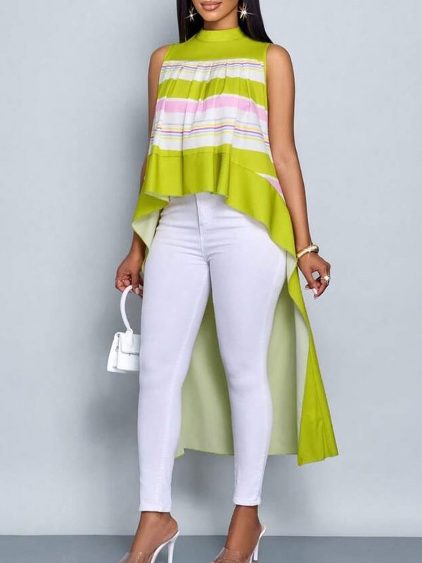 High-Low Loose Contrast Color Pleated Mock Neck Blouses&Shirts Tops