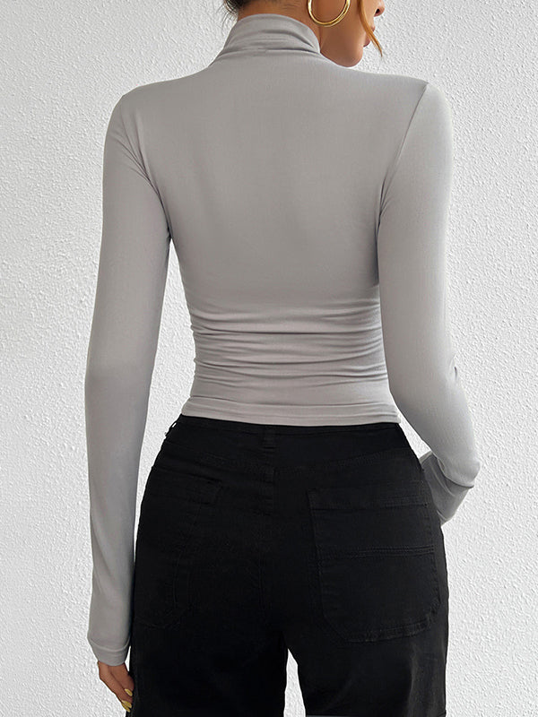 Long Sleeves Skinny Solid Color High Neck T-Shirts Tops