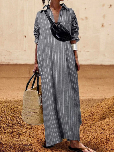 Long Sleeves Striped Lapel Maxi Dresses