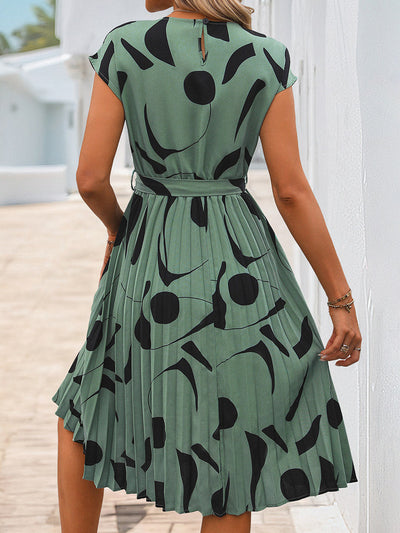 High Waisted Sleeveless Abstract Printed Contrast Color Pleated Polka-Dot Split-Joint Tied Waist Round-Neck Midi Dresses