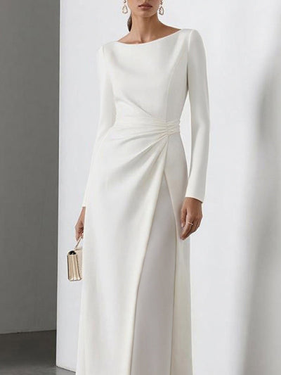 High Waisted Long Sleeves Gauze Pleated Solid Color Split-Joint Round-Neck Maxi Dresses