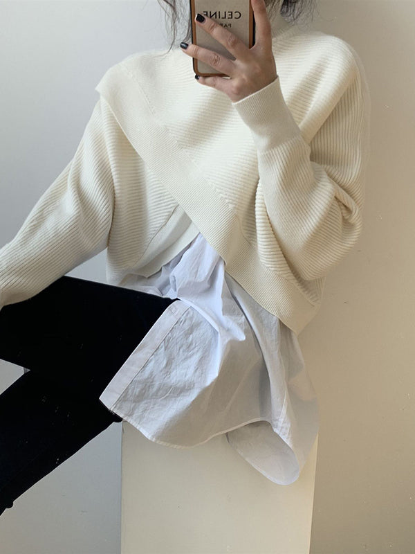 Long Sleeves Asymmetric Solid Color Split-Front High-Neck Knitwear Pullovers Sweater
