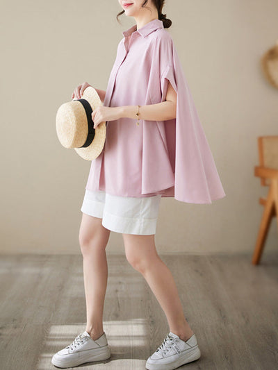 Loose Short Sleeves Solid Color Lapel Shirts Tops
