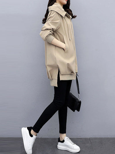 Casual Loose 4 Colors Pleated Zipper Hooded Long Sleeves Outwear