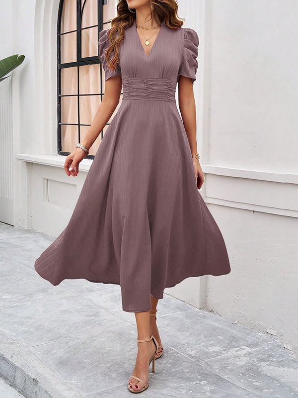 A-Line High Waisted Pleated Solid Color Zipper V-Neck Maxi Dresses