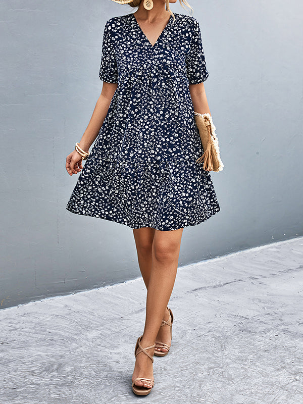 Short Sleeves Flower Print Split-Joint V-Neck Mini Dresses