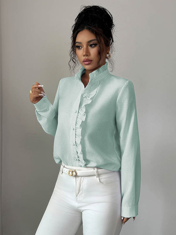 Long Sleeves Skinny Buttoned Ruffled Split-Joint Striped Stand Collar Blouses&Shirts Tops