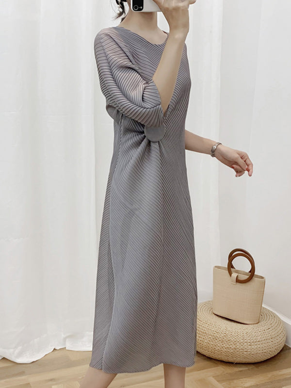 Half Sleeves Irregular Clipping Pleated Solid Color Round-Neck Midi Dresses