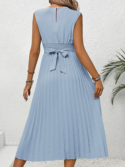 Loose Raglan Sleeve Elasticity Pleated Solid Color Split-Joint Tied Waist Round-Neck Midi Dresses