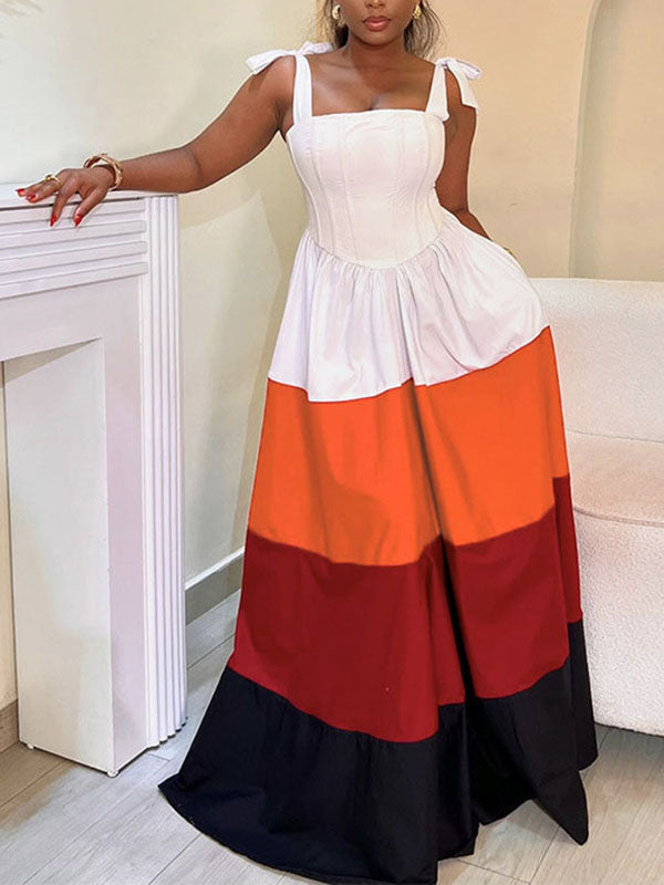 A-Line High Waisted Contrast Color Pleated Pockets Tied Zipper Spaghetti-Neck Maxi Dresses