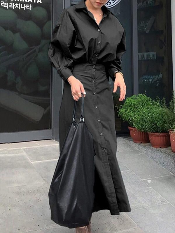 Loose Puff Sleeves Pleated Solid Color Split-Joint Lapel Maxi Dresses Shirt Dress