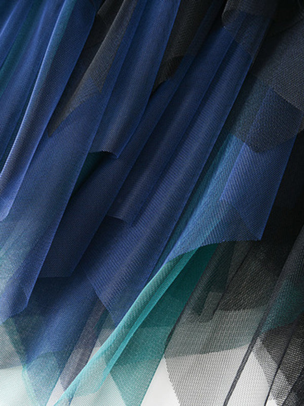 Urban Green Blue Contrast Color Irregular A-Line Gauze Skirts