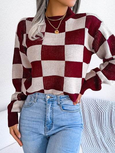 Long Sleeves Loose Contrast Color Plaid Round-Neck Sweater Tops