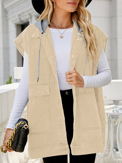 Loose Sleeveless Buttoned Detachable Hooded Pockets Split-Joint Lapel Collar Vest Outerwear