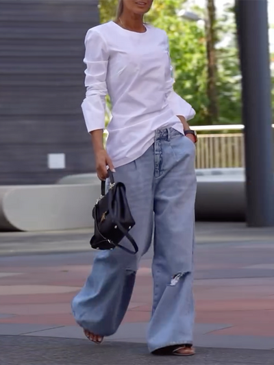 Long Sleeves Loose Solid Color Round-Neck T-Shirts Tops