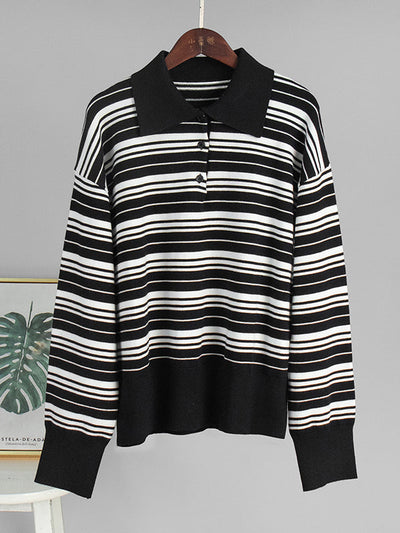 Long Sleeves Split-Joint Striped Lapel Sweater Tops