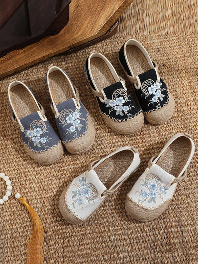 Women Vintage Summer Flower Cloth Linen Shoes