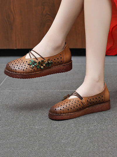 Women Summer Leather Flower Spliced Low Heel Shoes