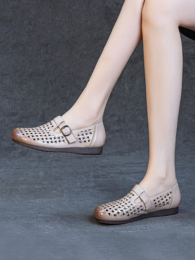 Women Casual Soft Leather Hollow Out Low Heel Shoes