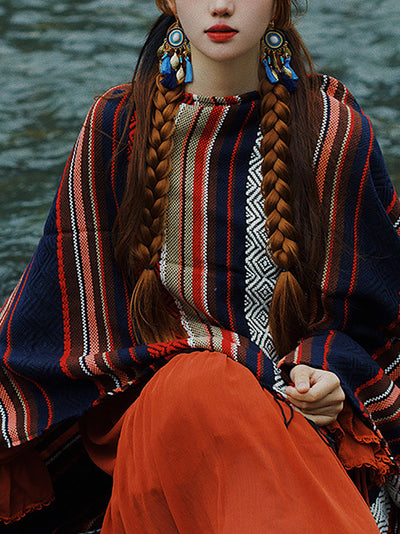 Women Ethnic Colorblock Stripe Tassel Shawl Scarf