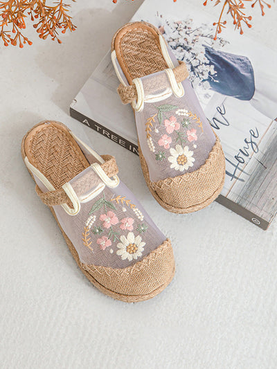 Women Summer Artsy Flower Embroidery Linen Slippers