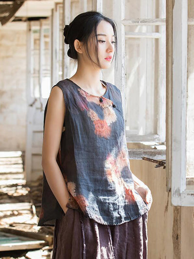 Women Summer Retro Flower Button Ramie Vest