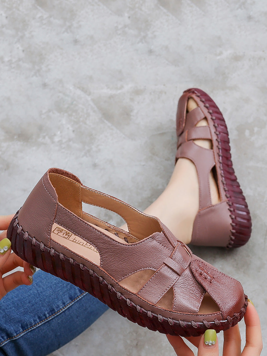 Women Summer Leather Spliced Flat Sandals