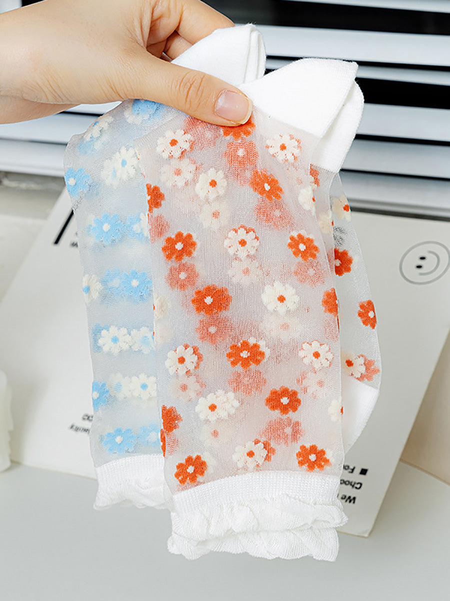 3 Pairs Women Artsy Summer Flower Thin Socks